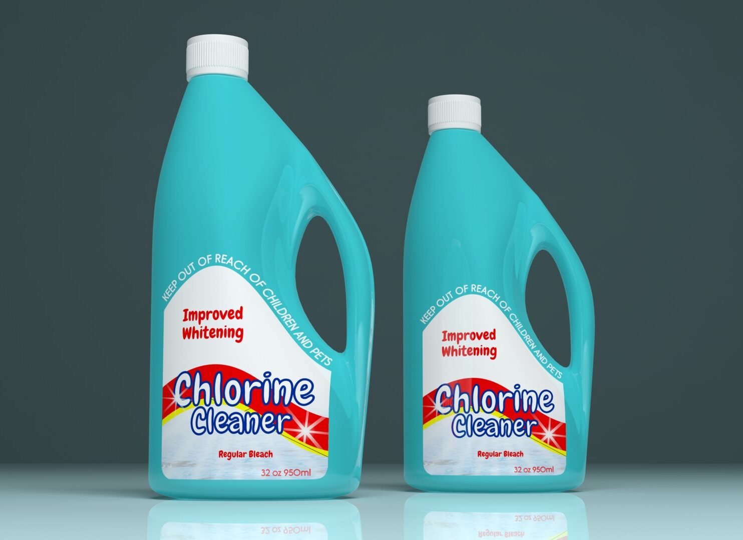 Chlorine cleaner plastic bottles on colored background. 3d illustration