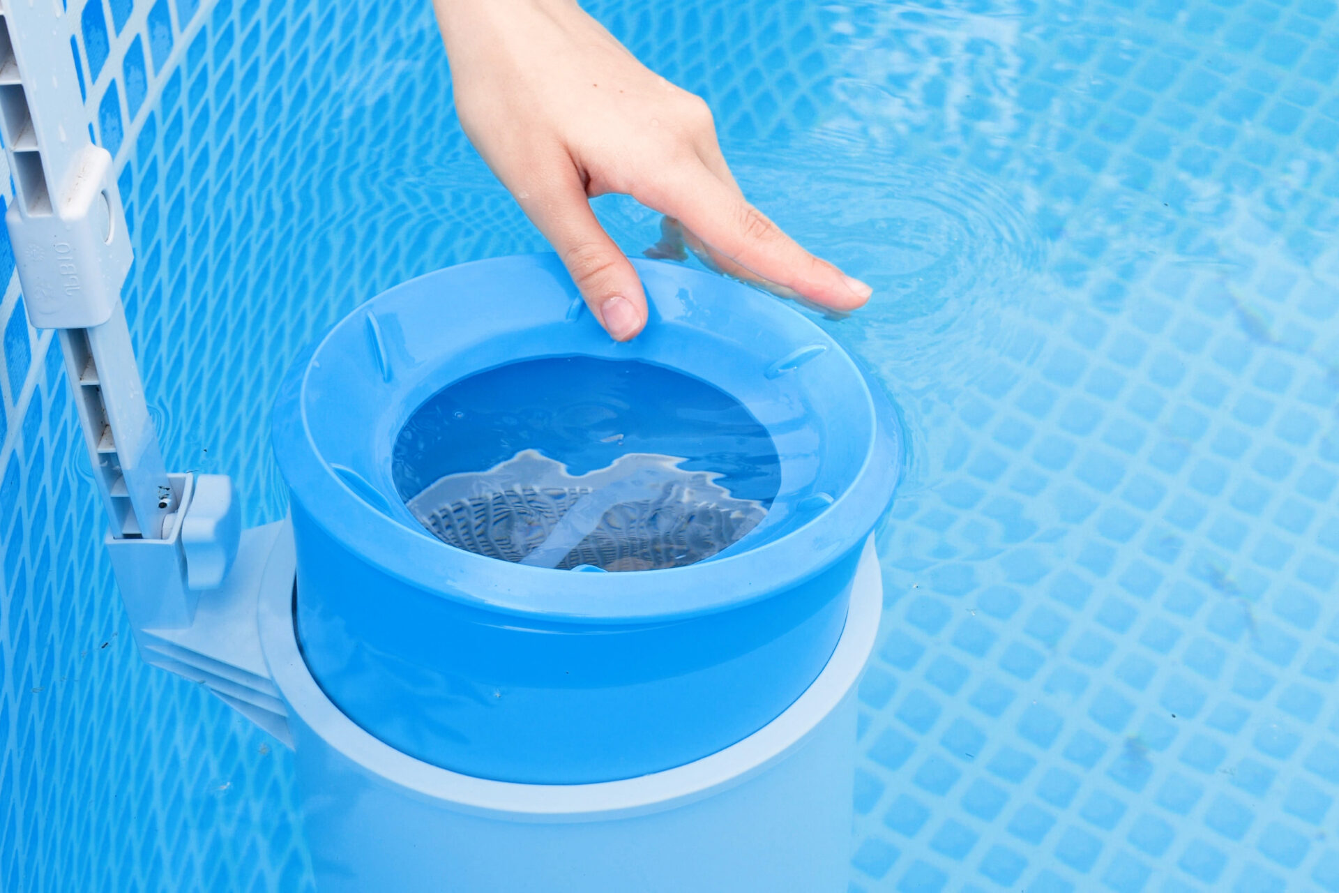 girl cleans skimmer for the frame pool. Contaminated pool cleaning concept.
